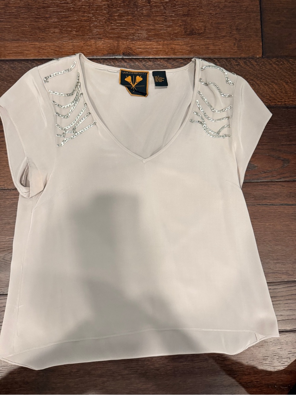 Jamison grey V-Neck Cap Sleeve Top with Silver Shoulder Embellishment